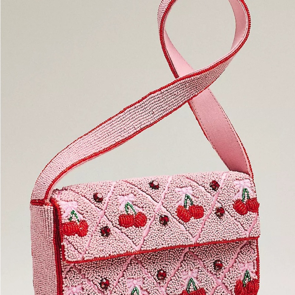 Anthropologie Pink Beaded Cherry Crossbody Bag